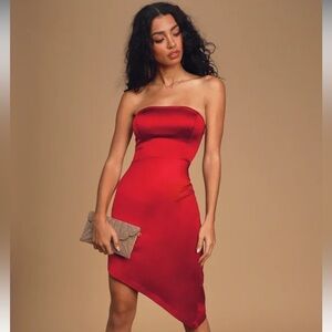 Lulu’s Serving Luxe Wine Red Satin Strapless Bodycon Dress